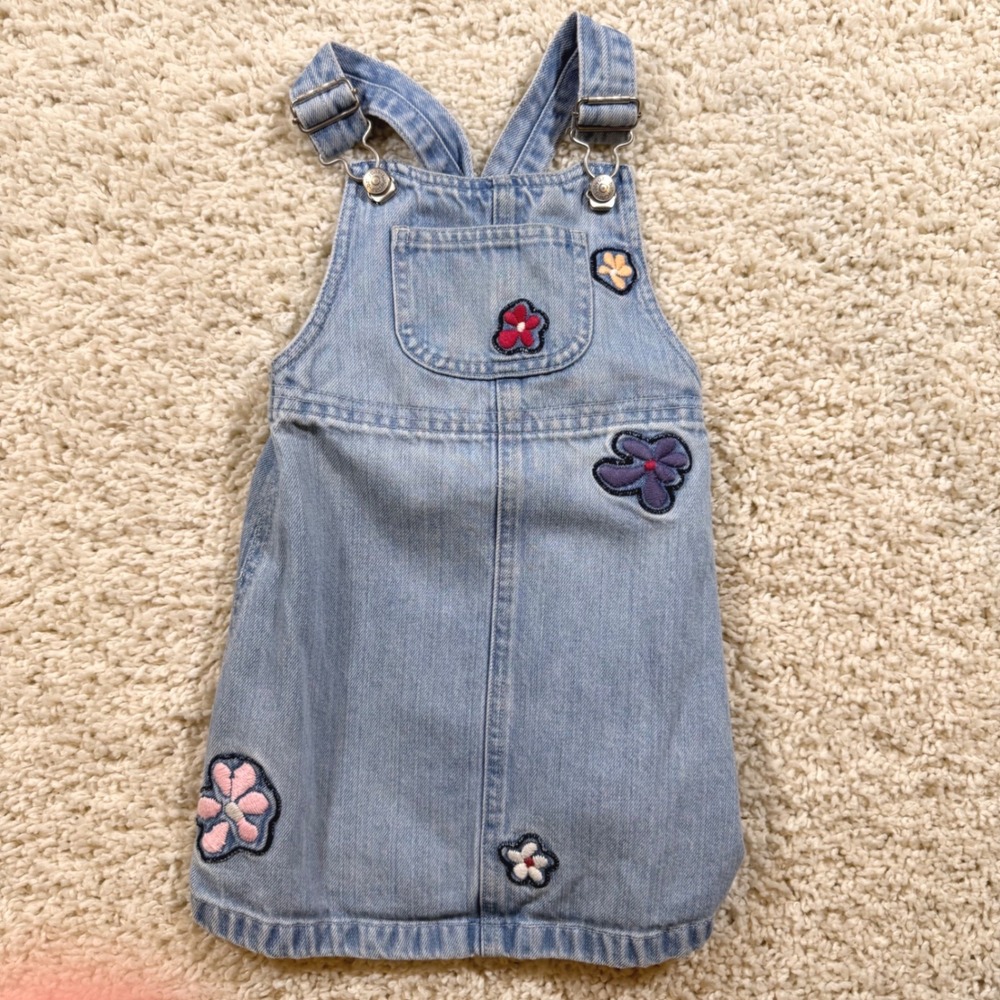 Vintage Y2K Baby Gap Denim Flower Embroidered Carpenter Overall Dress 2T Rero